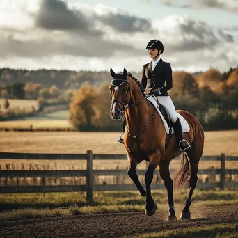 Rider practicing dressage moves on a horse in a field. - Image 1