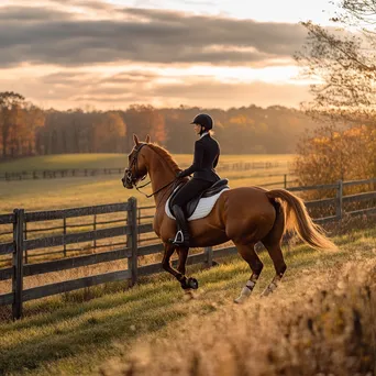 Rider practicing dressage moves on a horse in a field. - Image 2