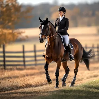 Rider practicing dressage moves on a horse in a field. - Image 4