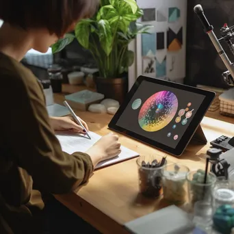 Freelancer making a cryptocurrency transaction on a tablet in a bright, creatively designed studio. - Image 3