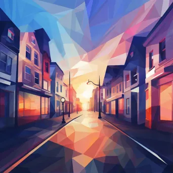 Low-poly town waking up in a magical morning glow - Image 1