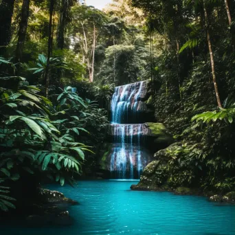 Aerial view of a waterfall plunging into a turquoise pool in a lush jungle - Image 1