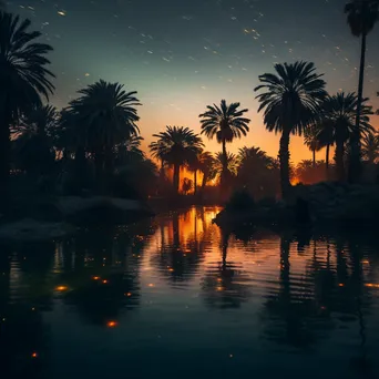 Dusk scene at a desert oasis with fireflies - Image 2