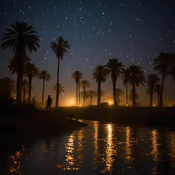 Dusk scene at a desert oasis with fireflies - Image 3