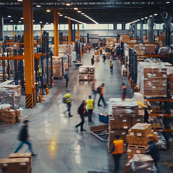 Busy warehouse with pallets and employees actively moving - Image 2