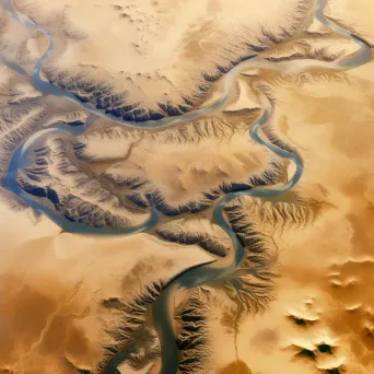 High-resolution satellite image of an arid desert landscape with a winding river, sand dunes, and sparse vegetation. - Image 2