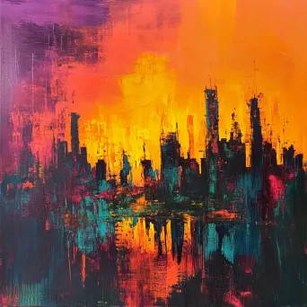 Abstract expressionist depiction of sunset over an industrial city - Image 1