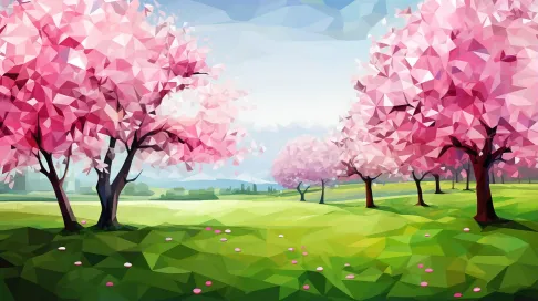 Polygonal depiction of lush spring meadow with cherry blossoms - Image 1