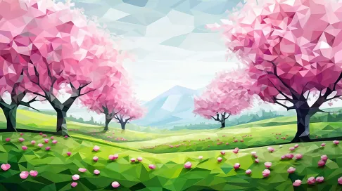 Polygonal depiction of lush spring meadow with cherry blossoms - Image 3