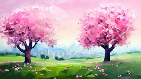 Polygonal depiction of lush spring meadow with cherry blossoms - Image 4