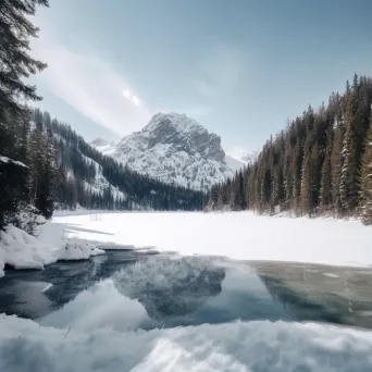 Aerial view of a frozen lake with snow-covered pine trees - Image 1