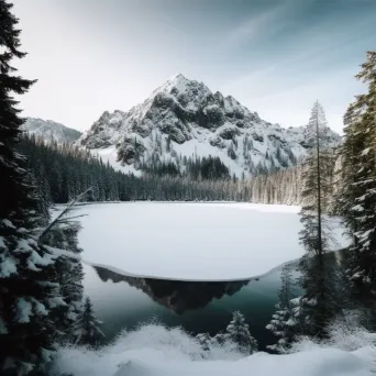 Aerial view of a frozen lake with snow-covered pine trees - Image 3