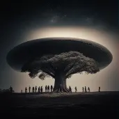 Illustration of human explorers meeting an alien tribe near a giant extraterrestrial tree - Image 3