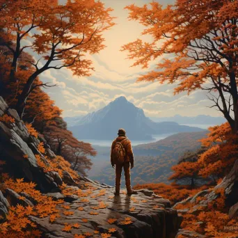 Lone hiker standing on mountain summit with autumn landscape - Image 1