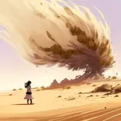 Illustration of a dust devil swirling in a desert landscape with tumbleweeds caught in the wind. - Image 1