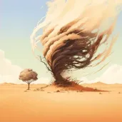 Illustration of a dust devil swirling in a desert landscape with tumbleweeds caught in the wind. - Image 2