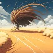 Illustration of a dust devil swirling in a desert landscape with tumbleweeds caught in the wind. - Image 4