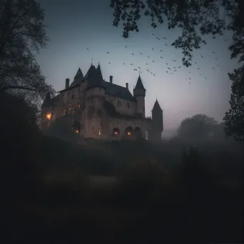 Haunted castle under moonlight with bats flying - Image 1