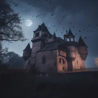 Haunted castle under moonlight with bats flying - Image 4