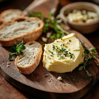 Homemade butter shaped decoratively on a wooden board with fresh herbs and bread - Image 2