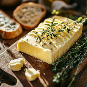 Homemade butter shaped decoratively on a wooden board with fresh herbs and bread - Image 3