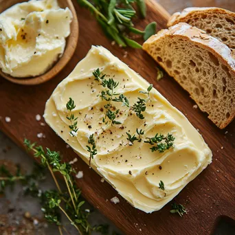 Homemade butter shaped decoratively on a wooden board with fresh herbs and bread - Image 4