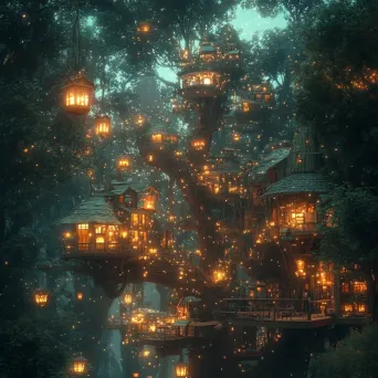 Magical treehouse city in an ancient forest, brought to life by digital art - Image 1