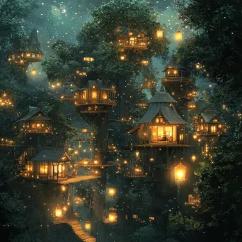 Magical treehouse city in an ancient forest, brought to life by digital art - Image 3