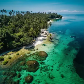 Aerial view of a tropical island with crystal clear waters and lush green palm trees - Image 1