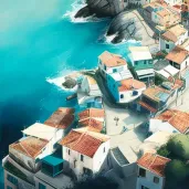 Overhead view of a coastal town with blue roofs and white walls, next to a turquoise sea - Image 4