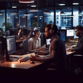 Diverse customer support team working in an open office with headsets - Image 2