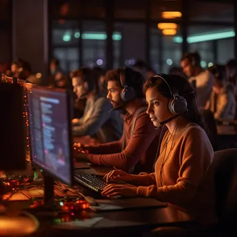 Diverse customer support team working in an open office with headsets - Image 3