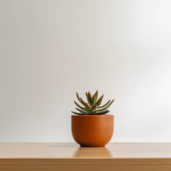 Single potted succulent on wooden table against white wall - Image 1