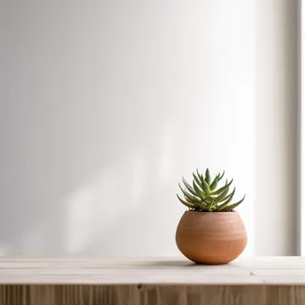 Single potted succulent on wooden table against white wall - Image 3