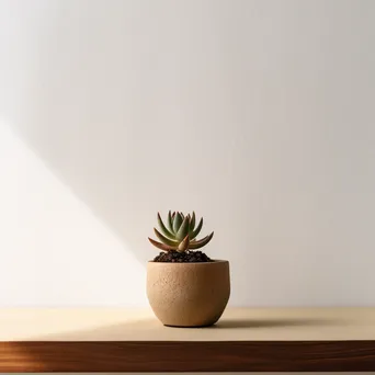 Single potted succulent on wooden table against white wall - Image 4