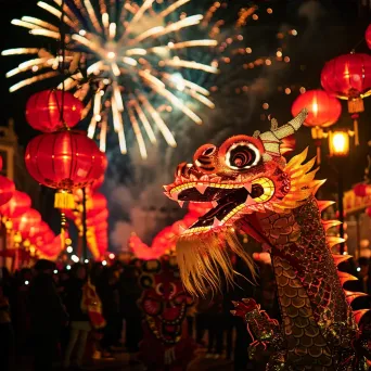 Chinese New Year festivities with dragon dance and lantern decorations - Image 3