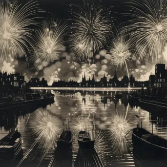 Illustration of fireworks display over city with lake reflection - Image 2