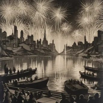 Illustration of fireworks display over city with lake reflection - Image 3