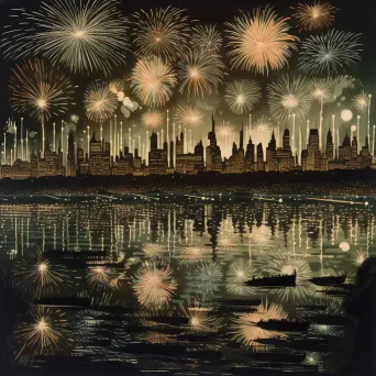 Fireworks Display over City with Lake Reflection