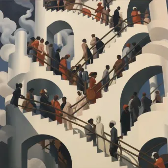 Illustration of people from various backgrounds climbing an endless staircase. - Image 3