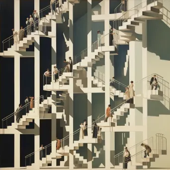 Illustration of people from various backgrounds climbing an endless staircase. - Image 4