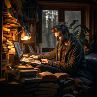 Digital nomad working on a laptop in a library - Image 4