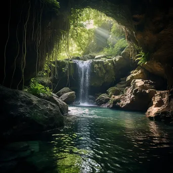 Cave opening with waterfall and sunlight - Image 1