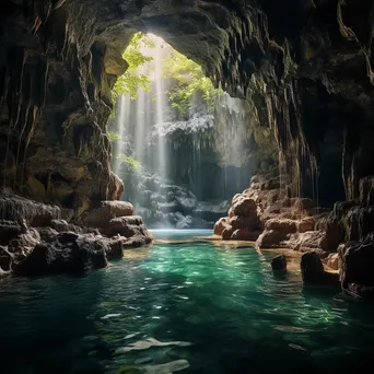 Cave opening with waterfall and sunlight - Image 2