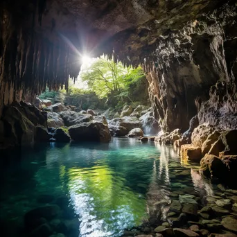 Cave opening with waterfall and sunlight - Image 3