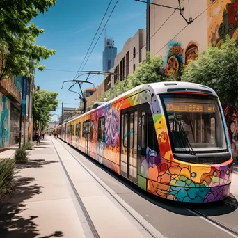 Trams passing by colorful street art murals in a vibrant urban setting. - Image 1