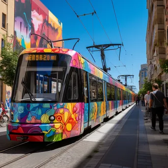 Trams passing by colorful street art murals in a vibrant urban setting. - Image 3