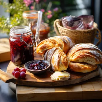 Display of organic bread and pastries on a wooden board with homemade jam. - Image 1