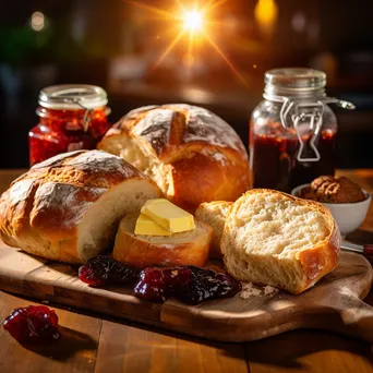 Display of organic bread and pastries on a wooden board with homemade jam. - Image 4