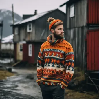 Icelandic Lopapeysa knitwear in snowy village - Image 1